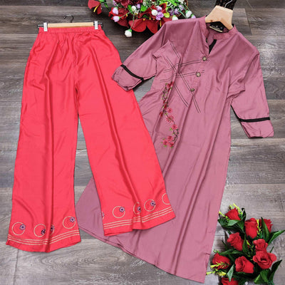 Mauve Casual Wear Embroidered Heavy Rayon Kurti - Palazzo Set