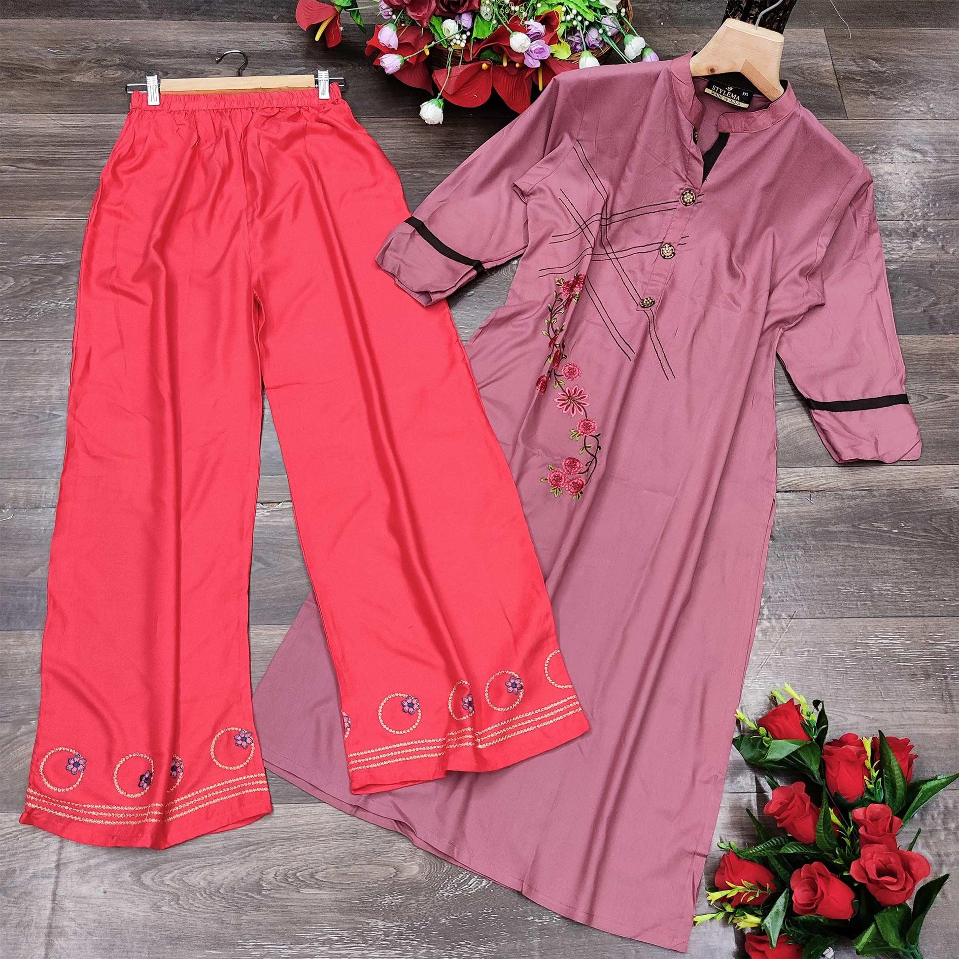 Mauve Casual Wear Embroidered Heavy Rayon Kurti - Palazzo Set