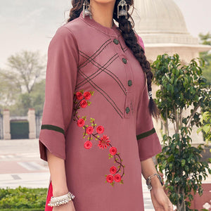 Mauve Casual Wear Embroidered Heavy Rayon Kurti - Palazzo Set