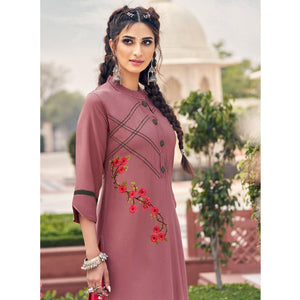 Mauve Casual Wear Embroidered Heavy Rayon Kurti - Palazzo Set