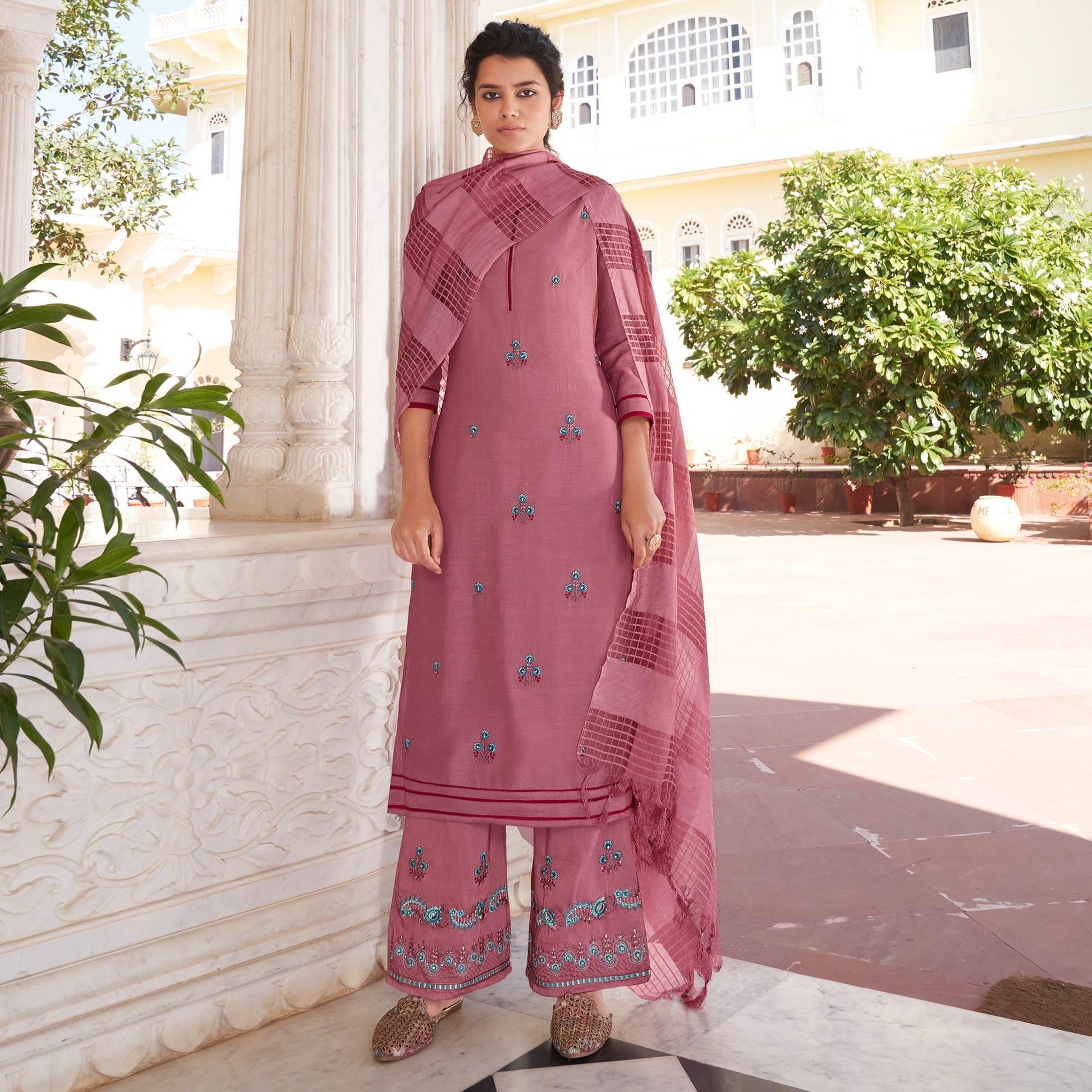 Mauve Casual Wear Embroidered Pure Modal Viscose Palazzo Suit