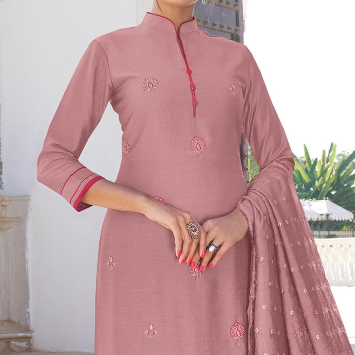 Mauve Casual Wear Embroidered Pure Modal Viscose Palazzo Suit