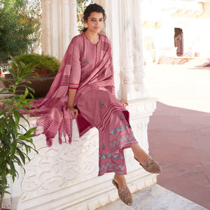 Mauve Casual Wear Embroidered Pure Modal Viscose Palazzo Suit