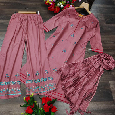 Mauve Casual Wear Embroidered Pure Modal Viscose Palazzo Suit