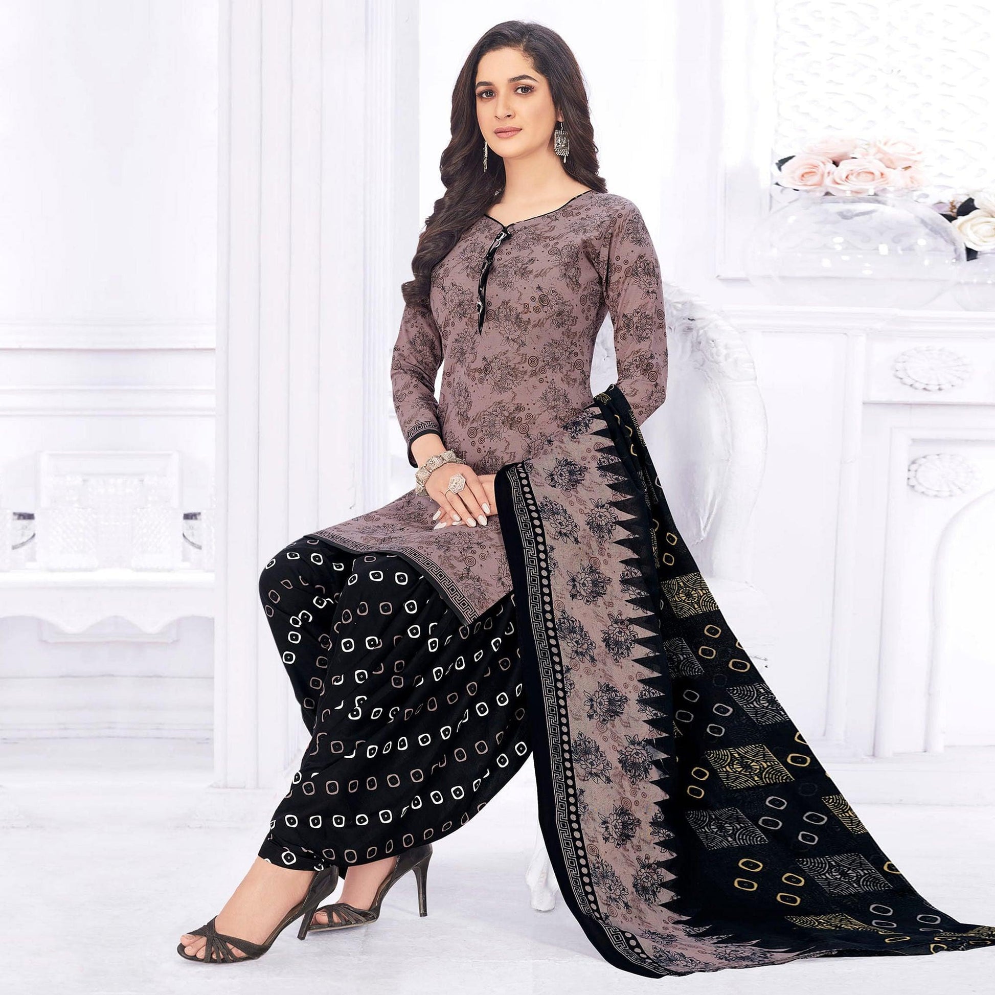Mauve Casual Wear Printed Cotton Dress Material