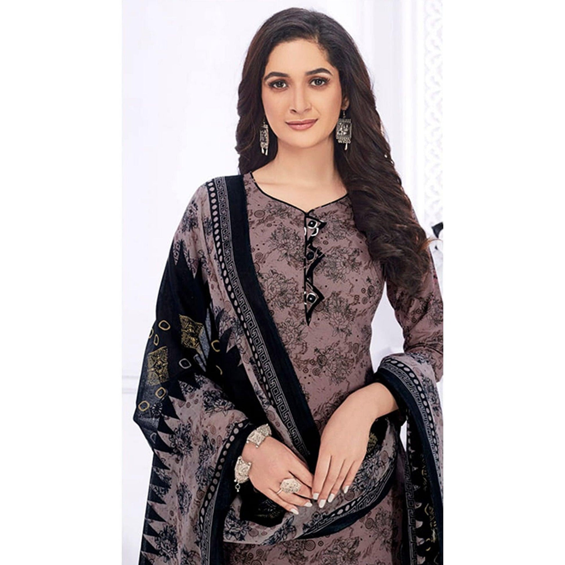 Mauve Casual Wear Printed Cotton Dress Material