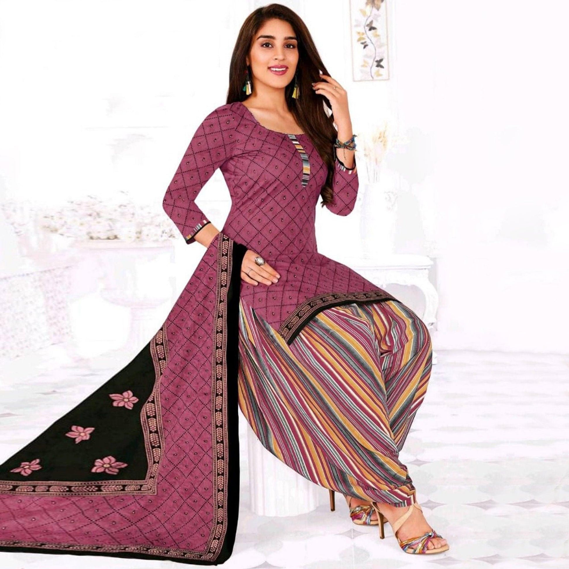 Mauve Casual Wear Printed Leon Patiala Dress Material