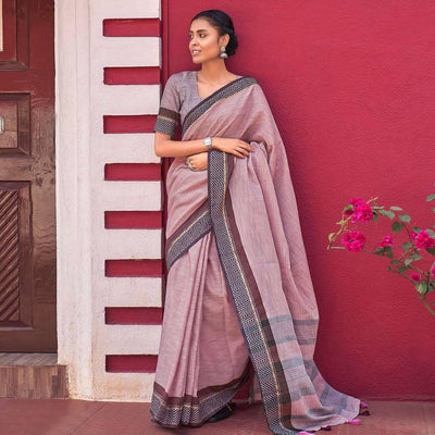 Mauve Casual Wear Solid Linen Saree