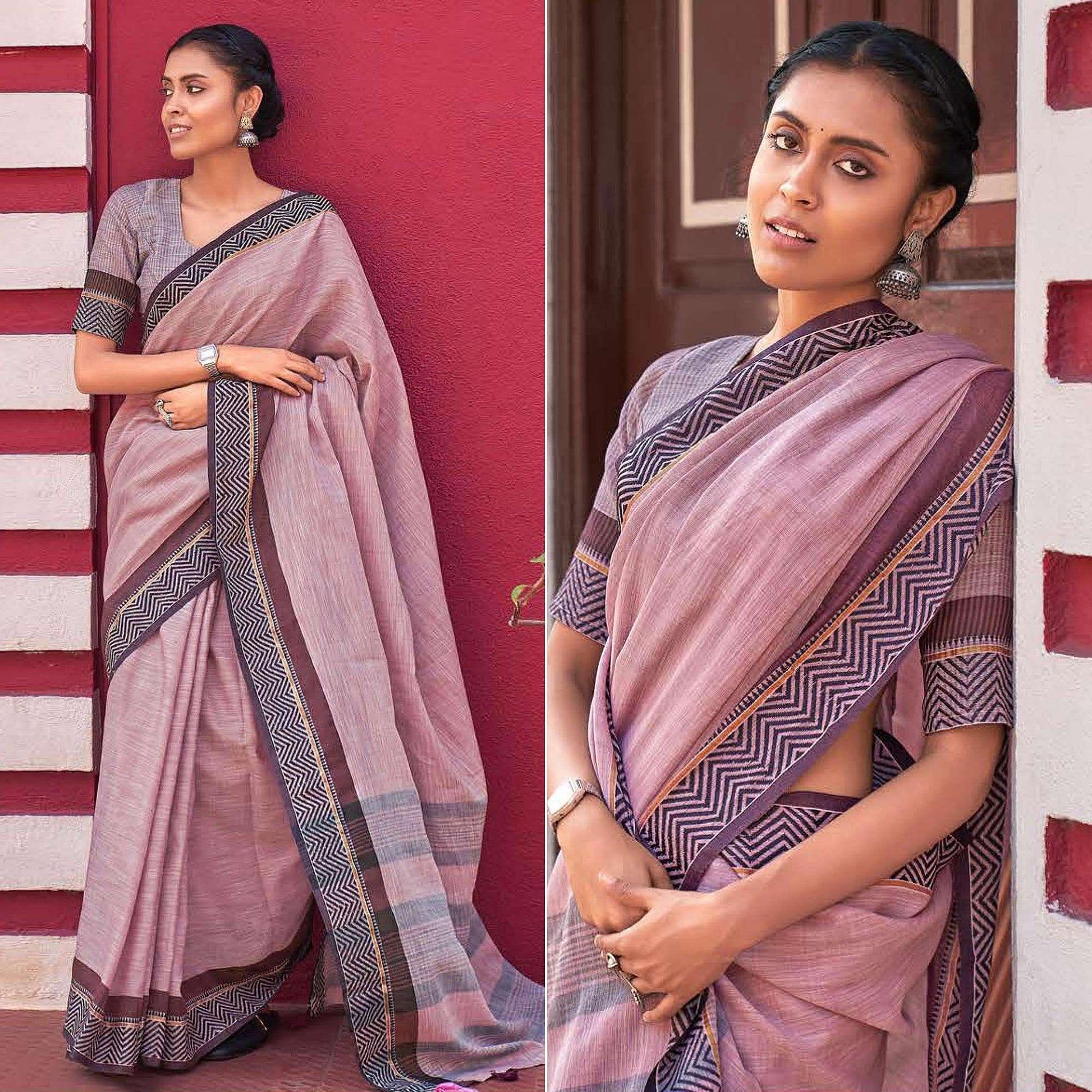 Mauve Casual Wear Solid Linen Saree