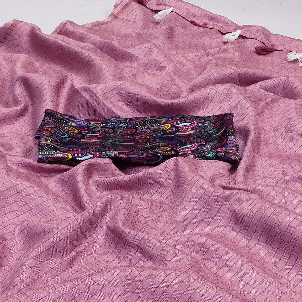 Mauve Checks Printed Jute Saree