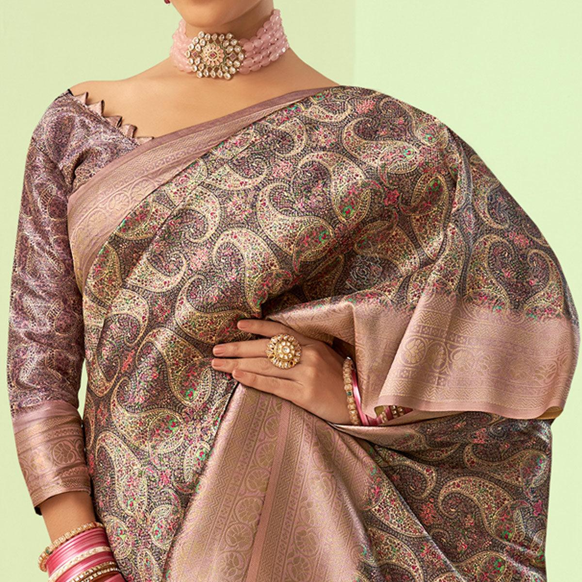 Mauve Digital  Printed Art Silk Saree With Tassels