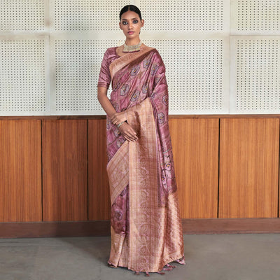 Mauve Digital Printed Art Silk Saree With Tassels