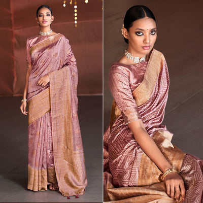 Mauve Digital Printed With Woven Border Art Silk Saree