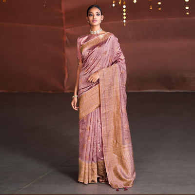 Mauve Digital Printed With Woven Border Art Silk Saree