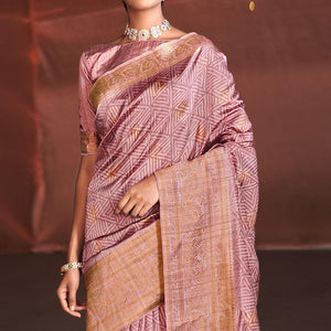 Mauve Digital Printed With Woven Border Art Silk Saree