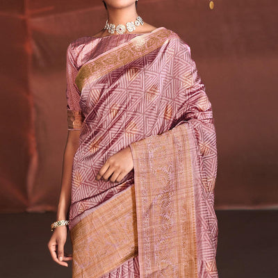 Mauve Digital Printed With Woven Border Art Silk Saree