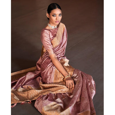 Mauve Digital Printed With Woven Border Art Silk Saree