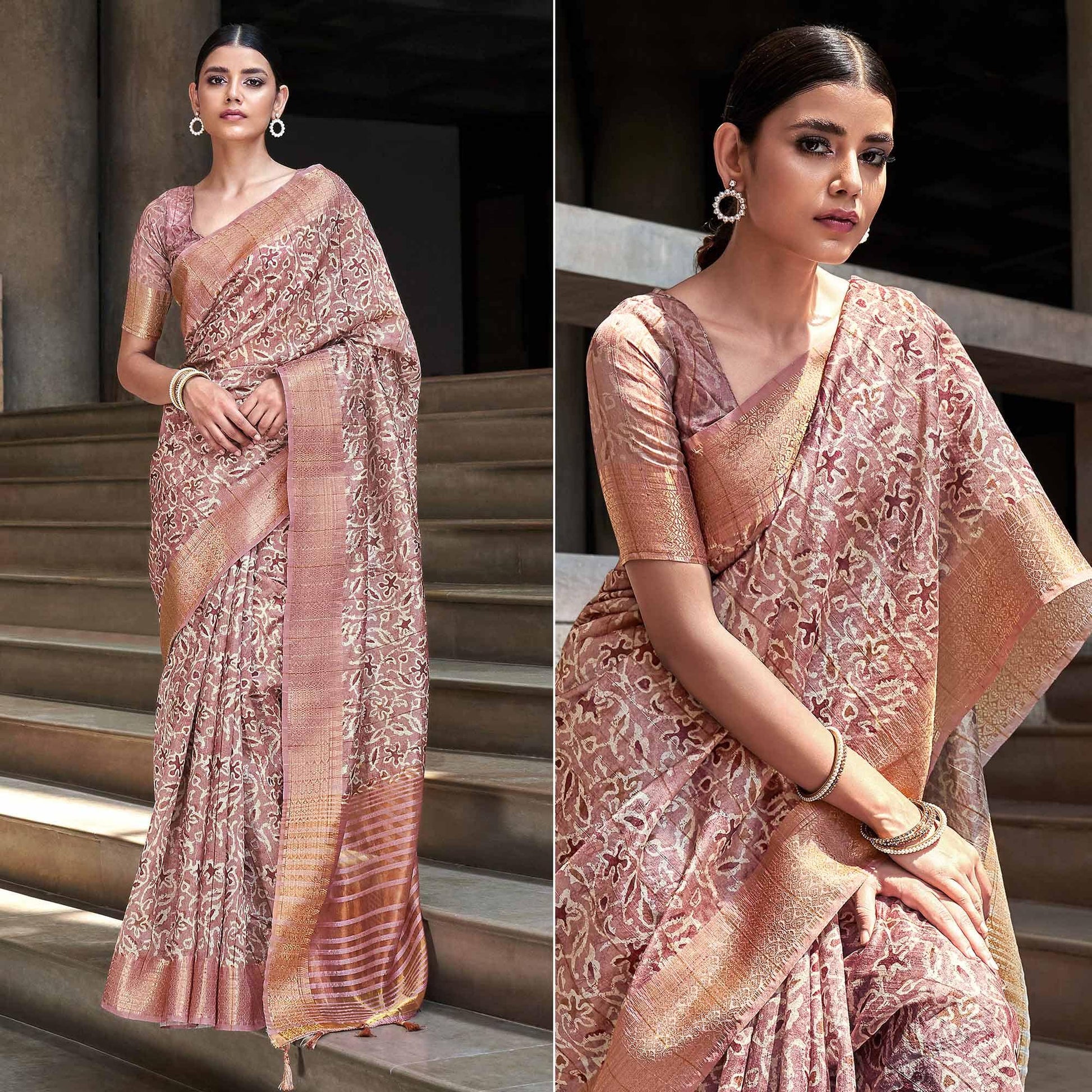 Mauve Digital Printed-Woven Art Silk Saree With Tassels