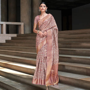 Mauve Digital Printed-Woven Art Silk Saree With Tassels