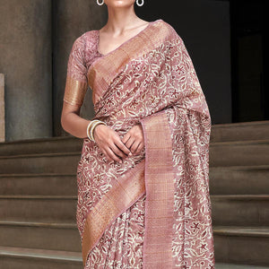 Mauve Digital Printed-Woven Art Silk Saree With Tassels