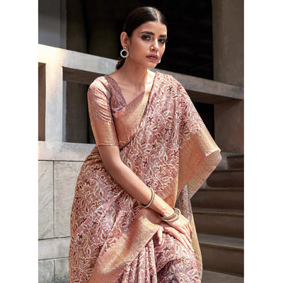 Mauve Digital Printed-Woven Art Silk Saree With Tassels