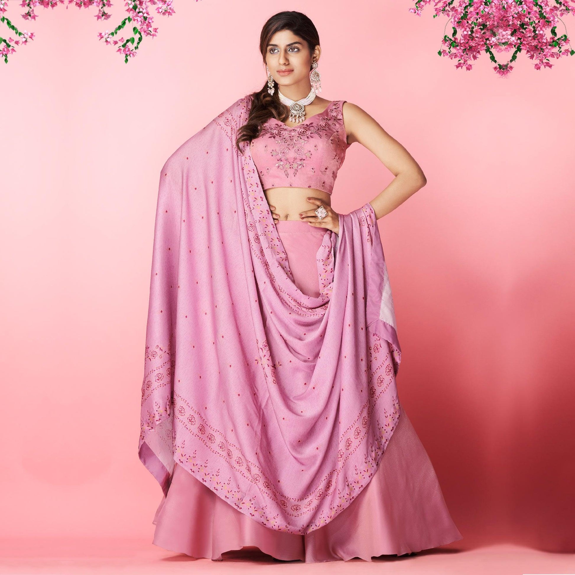 Mauve Embellished With Embroidered Chiffon Lehenga Choli