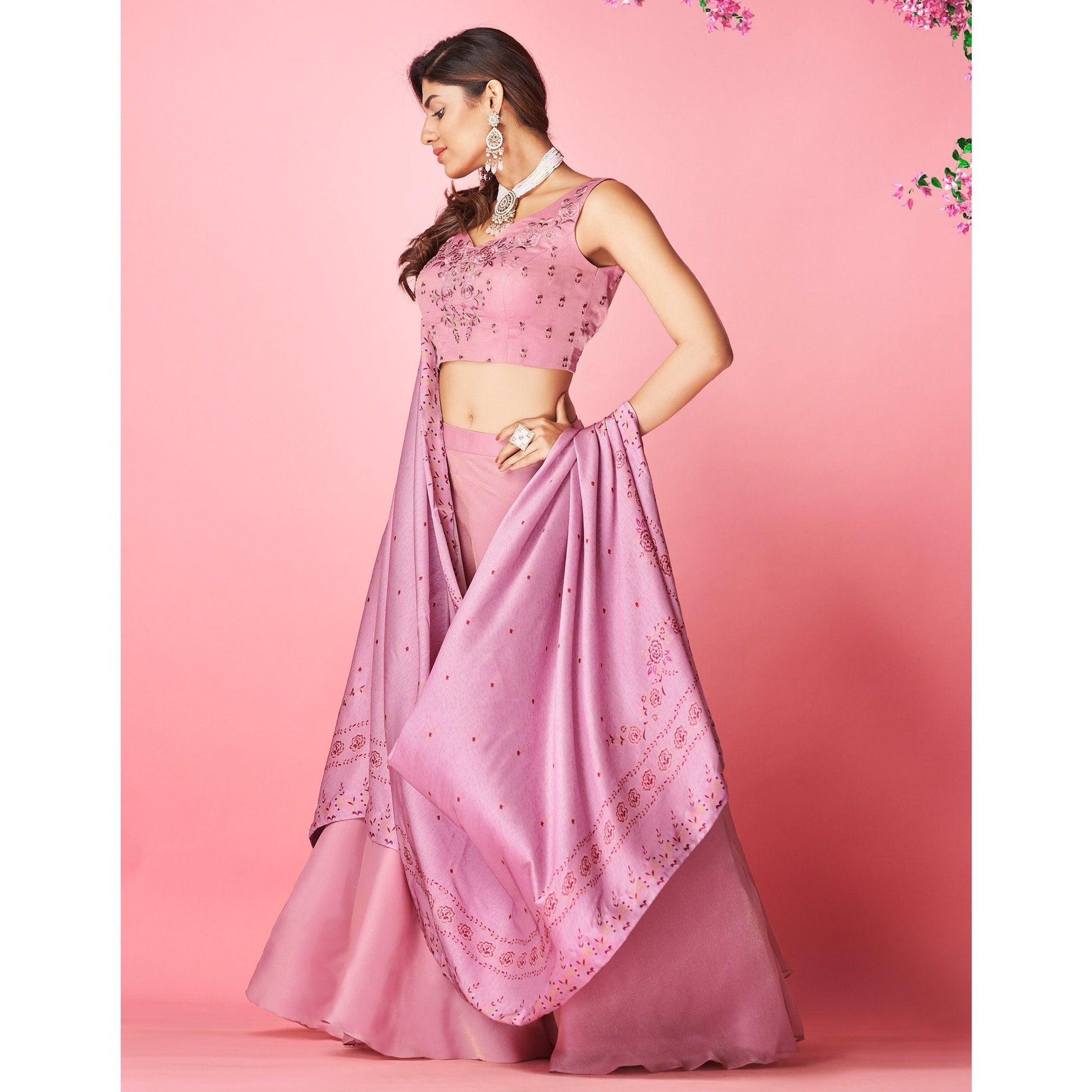 Mauve Embellished With Embroidered Chiffon Lehenga Choli
