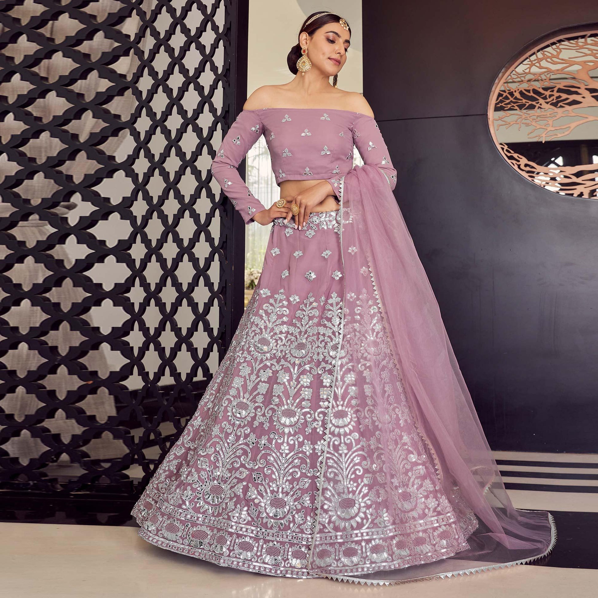 Mauve Embellished With Embroidered Georgette Lehenga Choli