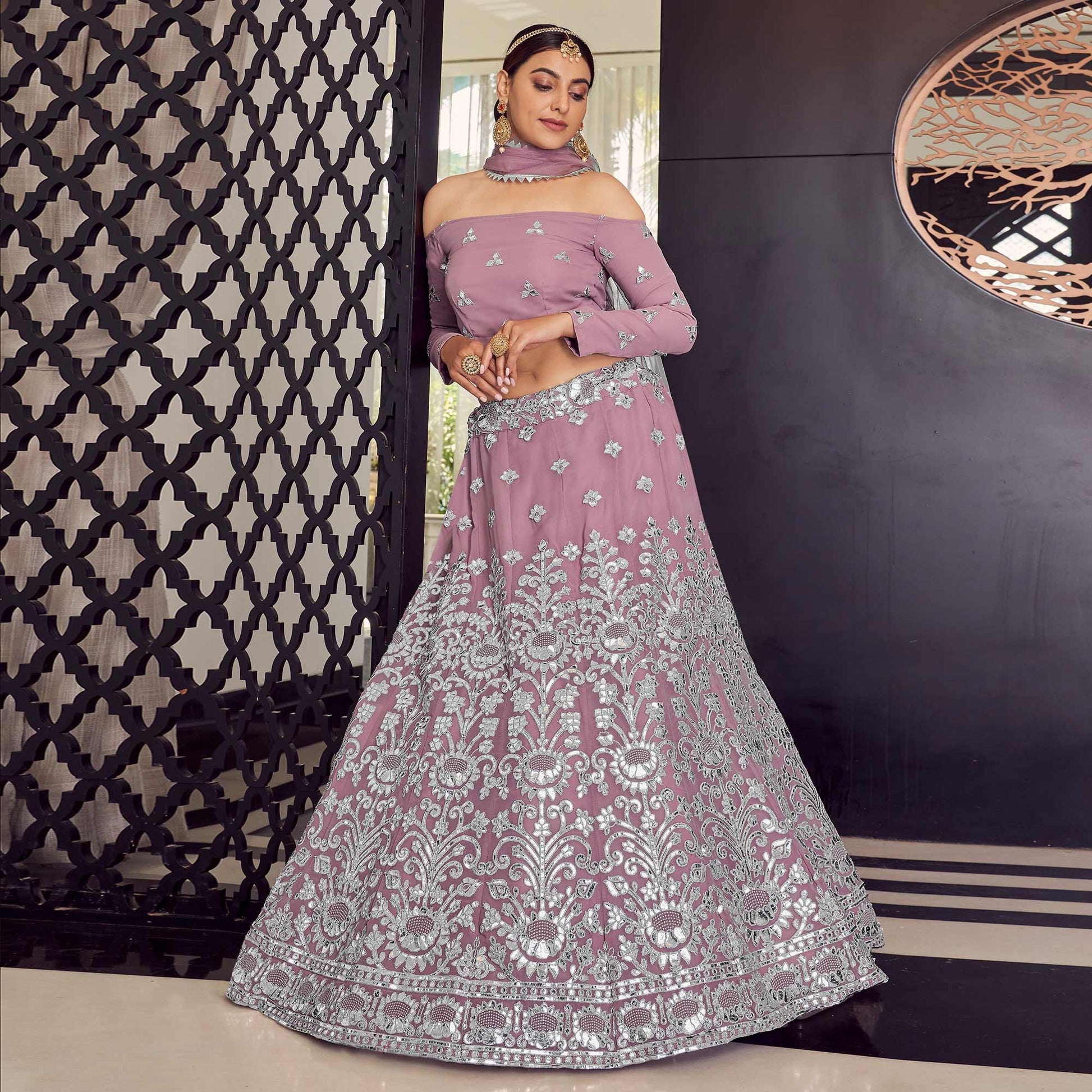 Mauve Embellished With Embroidered Georgette Lehenga Choli