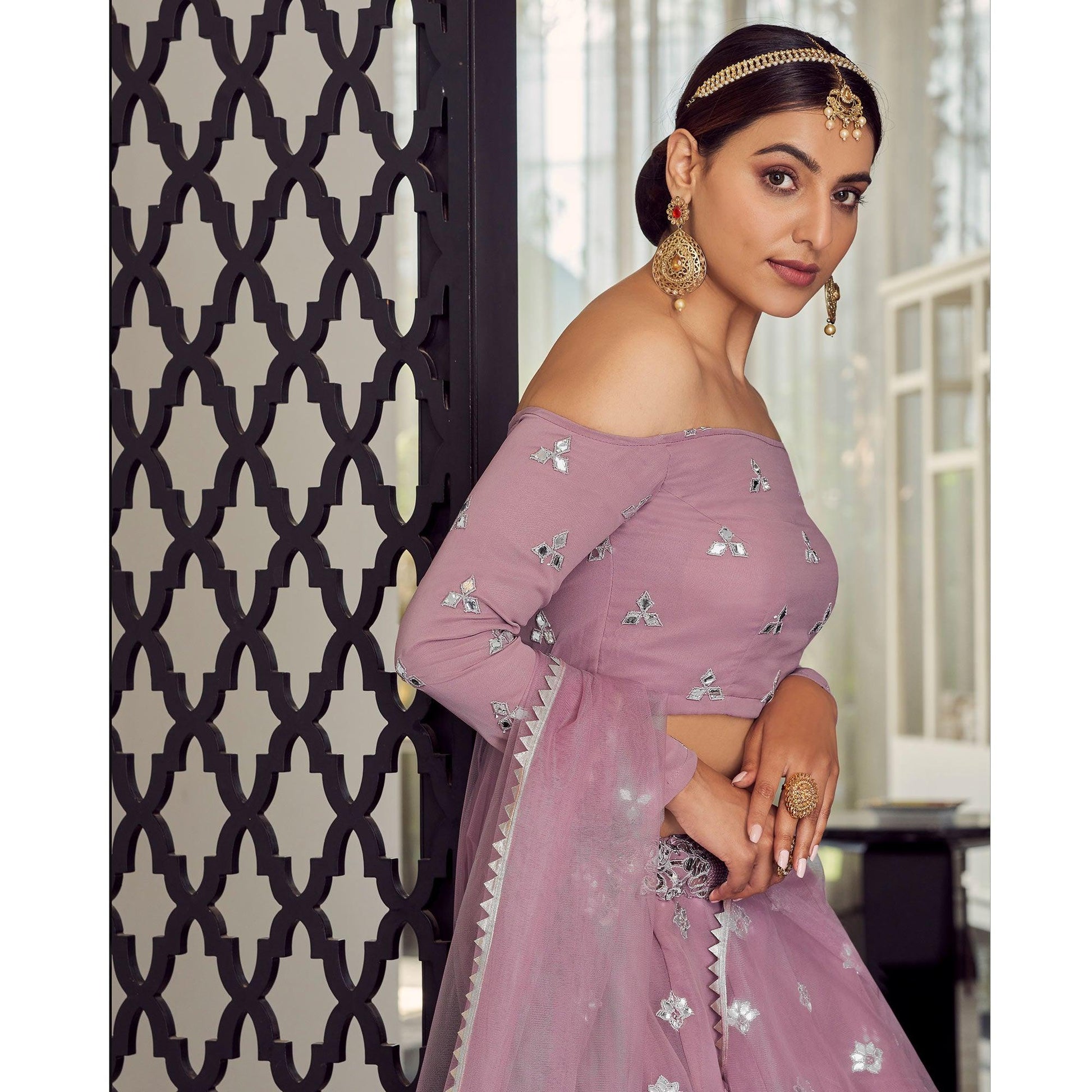 Mauve Embellished With Embroidered Georgette Lehenga Choli
