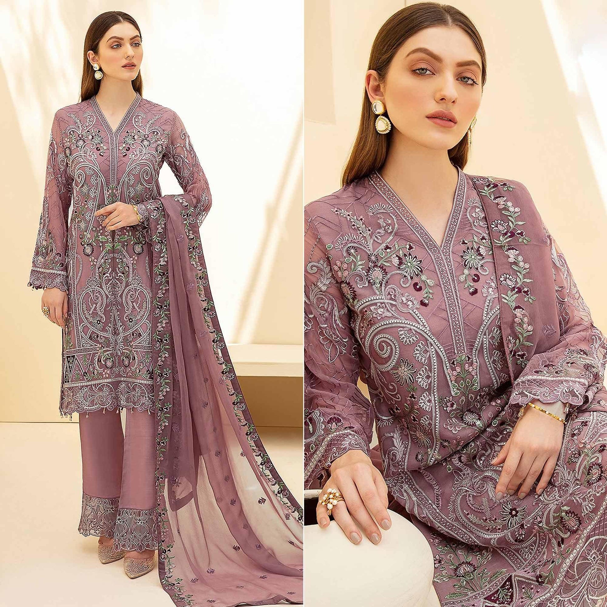 Mauve Embellished With Embroidered Georgette Palazzo Suit