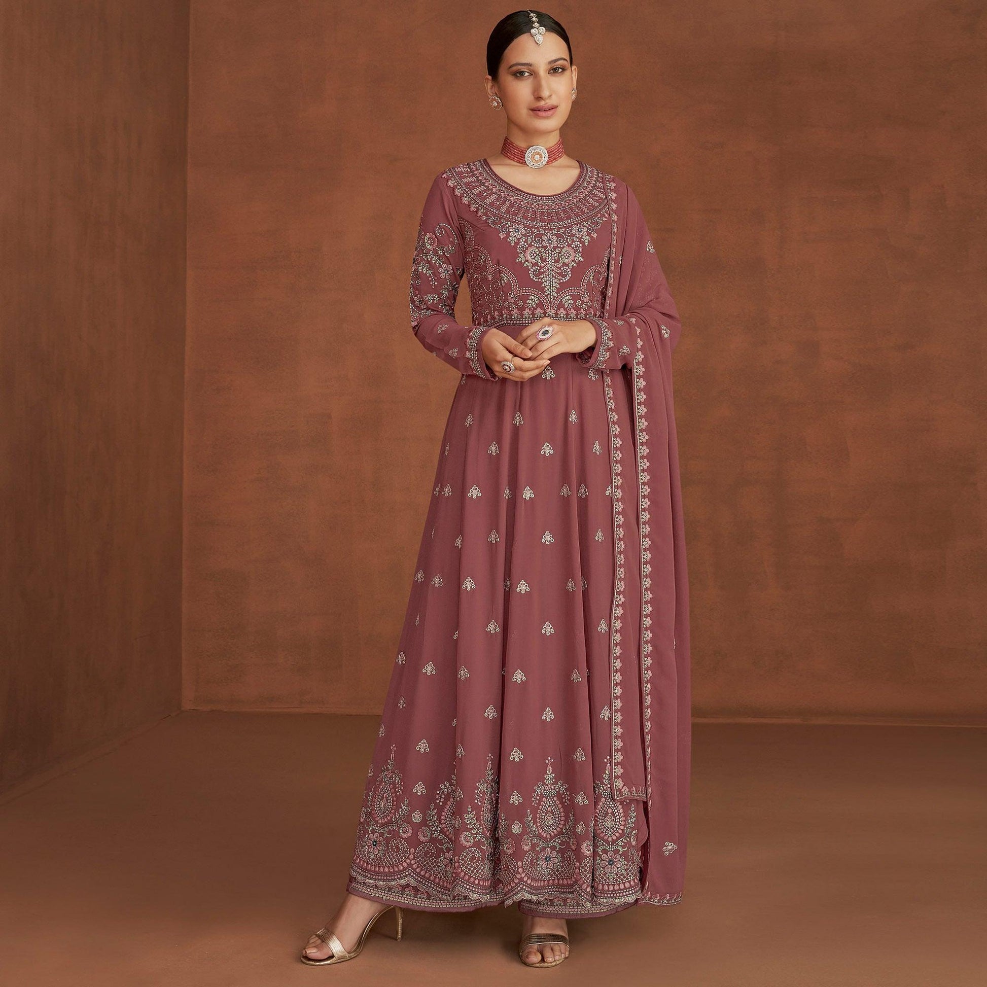 Mauve Embellished With Embroidered Georgette Palazzo Suit