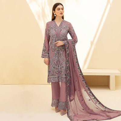 Mauve Embellished With Embroidered Georgette Palazzo Suit