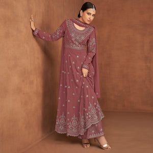 Mauve Embellished With Embroidered Georgette Palazzo Suit
