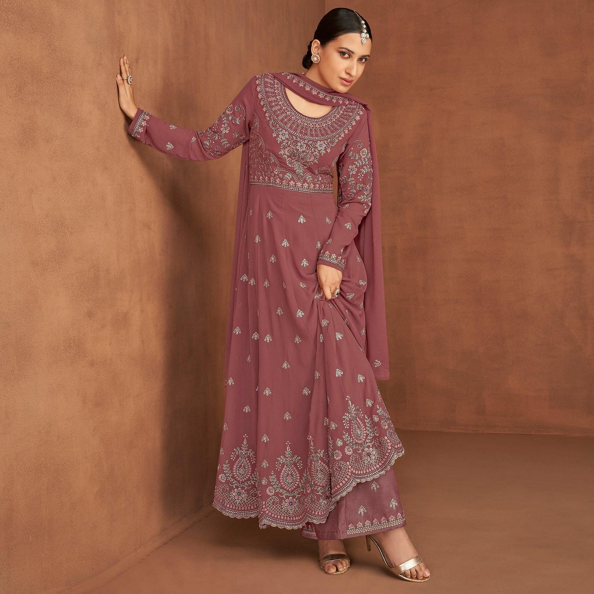 Mauve Embellished With Embroidered Georgette Palazzo Suit