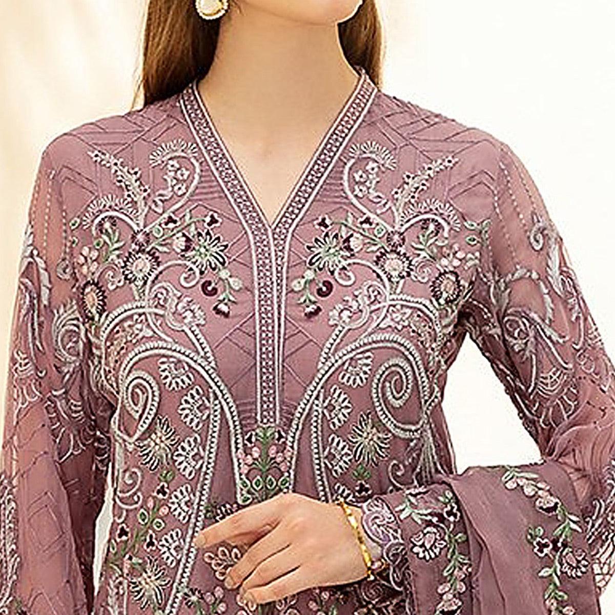Mauve Embellished With Embroidered Georgette Palazzo Suit