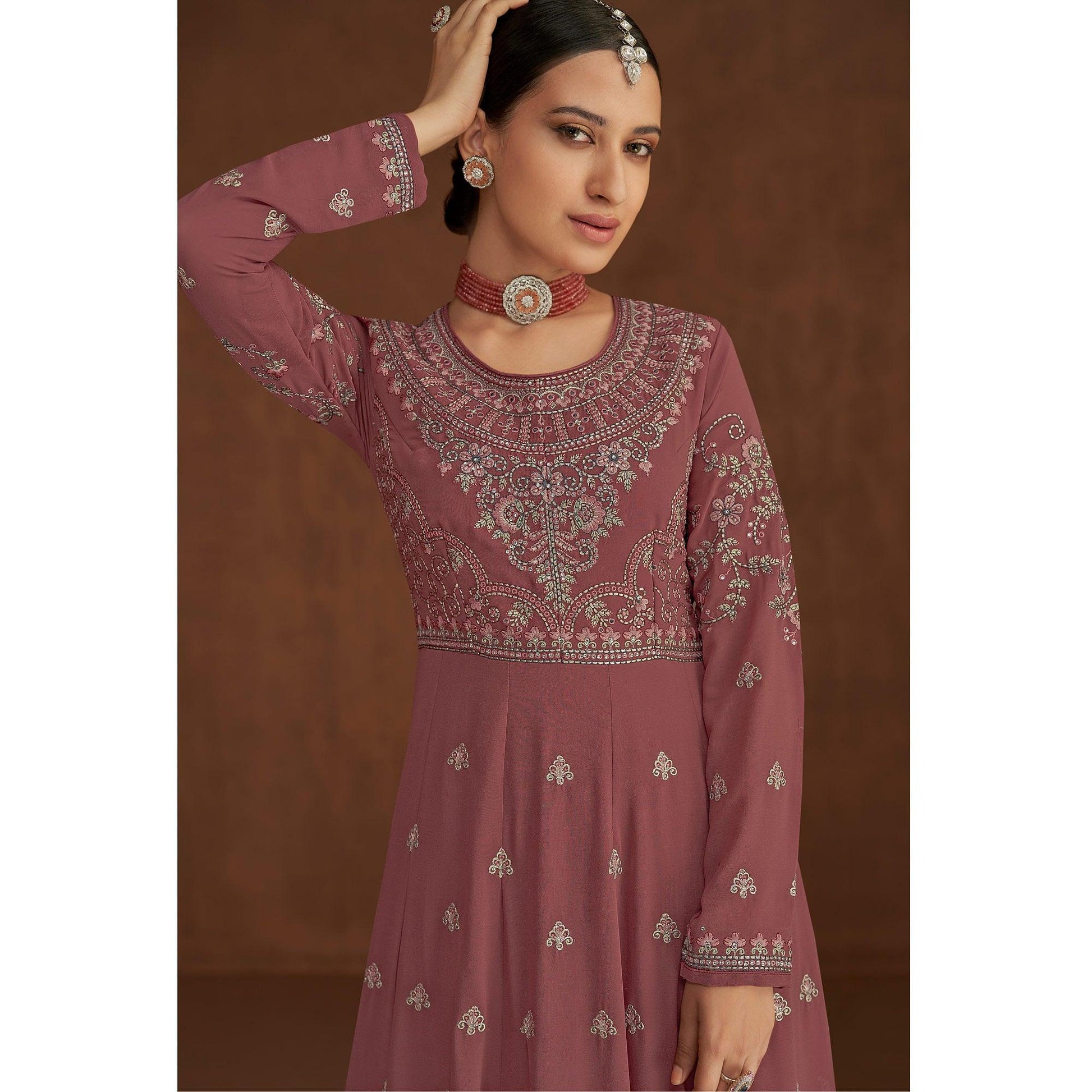 Mauve Embellished With Embroidered Georgette Palazzo Suit