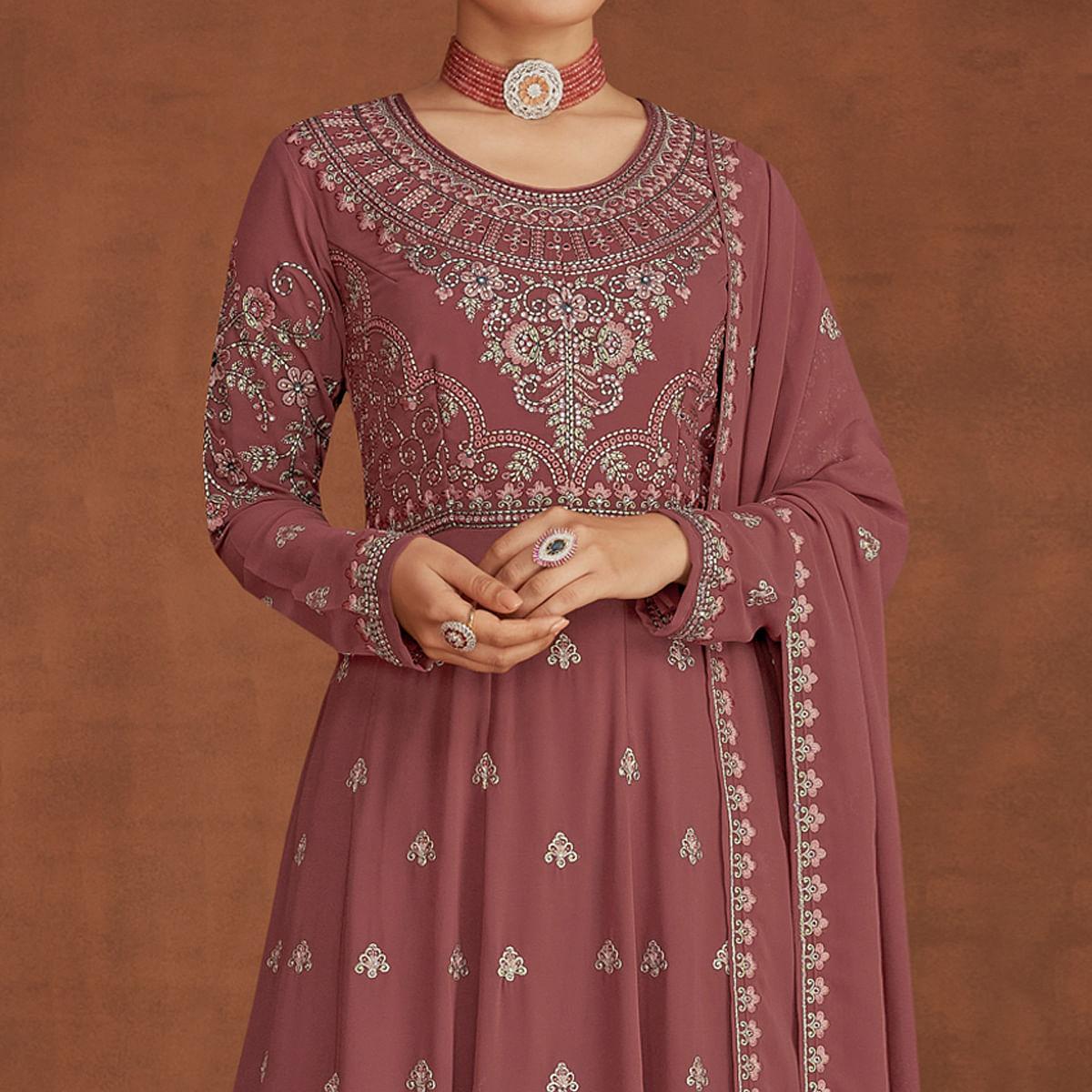 Mauve Embellished With Embroidered Georgette Palazzo Suit