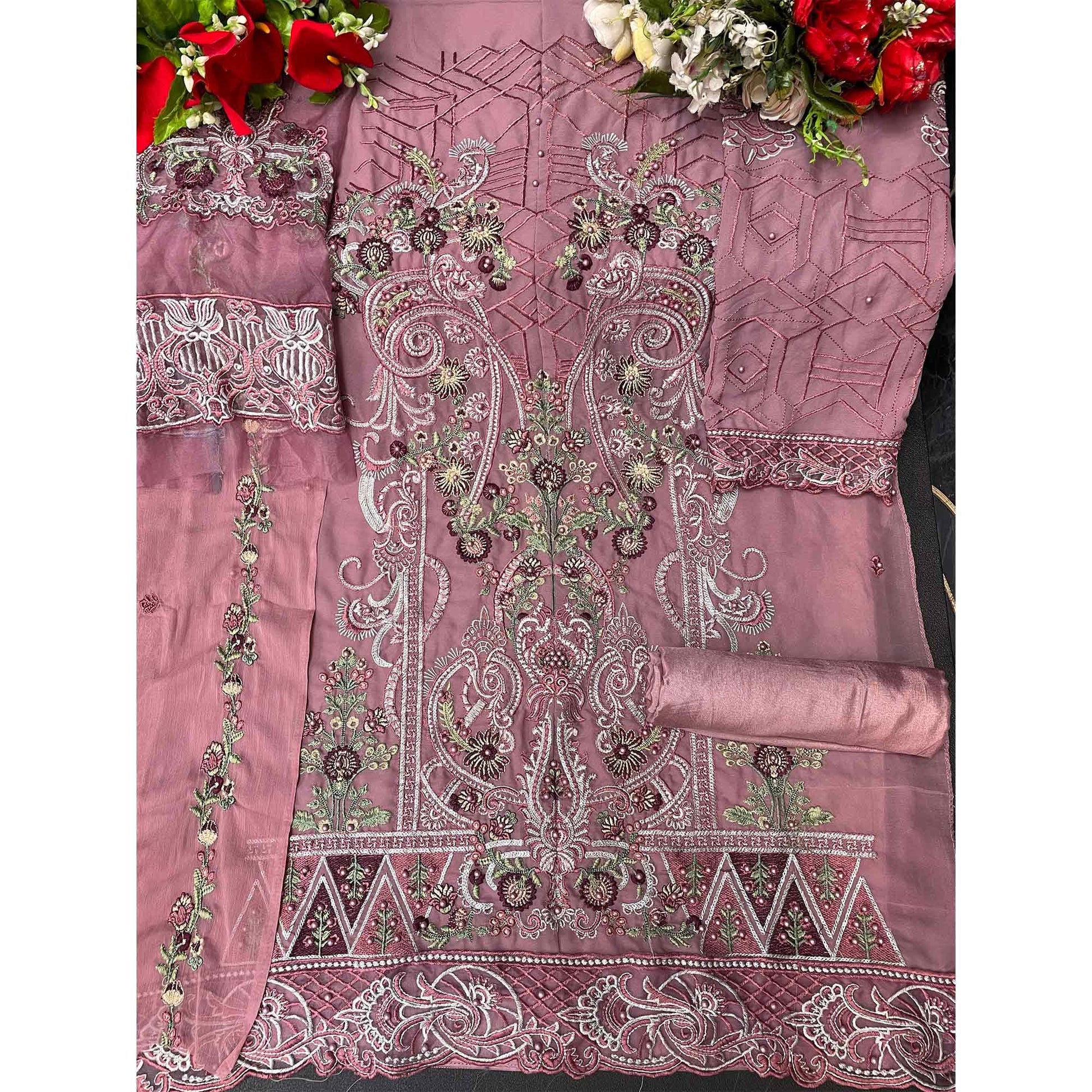Mauve Embellished With Embroidered Georgette Palazzo Suit