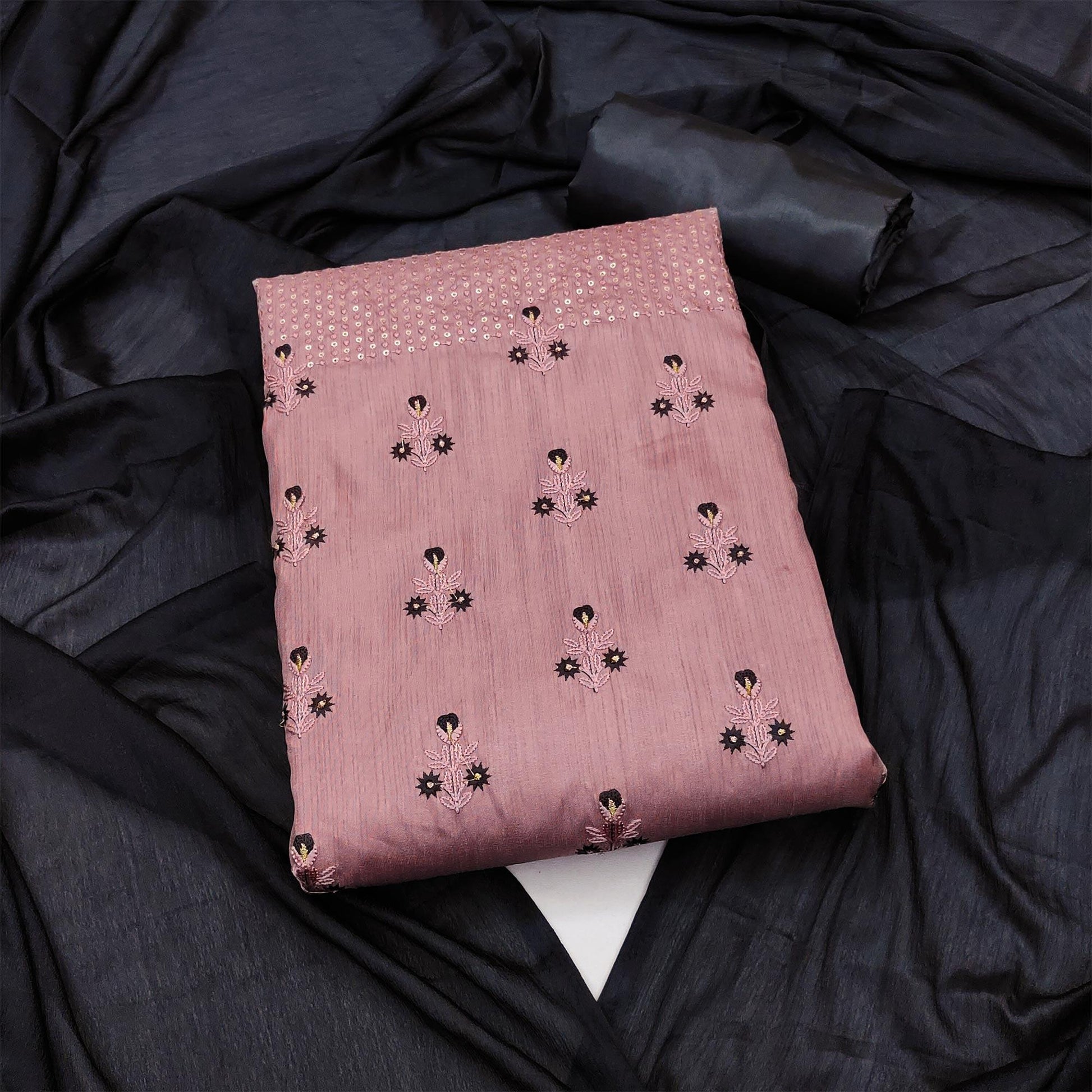 Mauve Embroidered Art Silk Dress Material