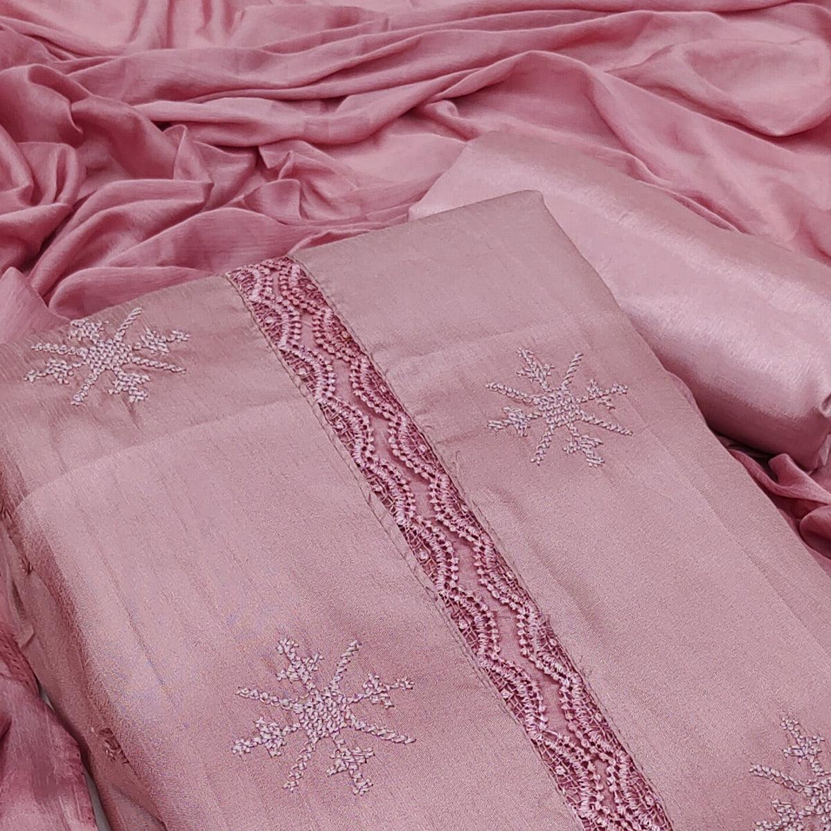 Mauve Embroidered Art Silk Dress Material