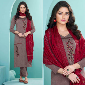 Mauve Embroidered Cotton Kurti Pant Set With Dupatta