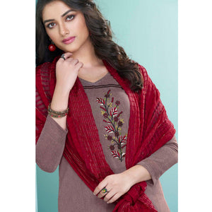 Mauve Embroidered Cotton Kurti Pant Set With Dupatta