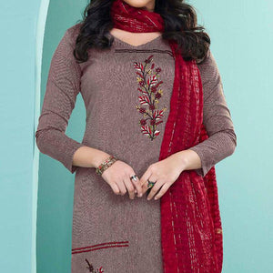 Mauve Embroidered Cotton Kurti Pant Set With Dupatta