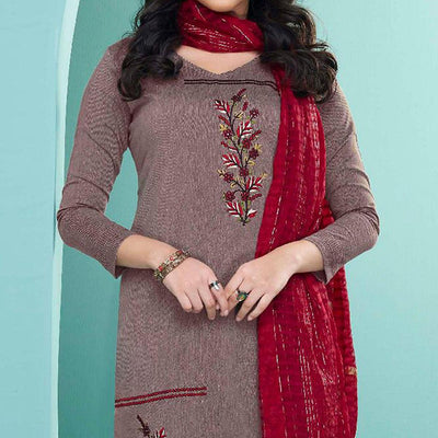 Mauve Embroidered Cotton Kurti Pant Set With Dupatta