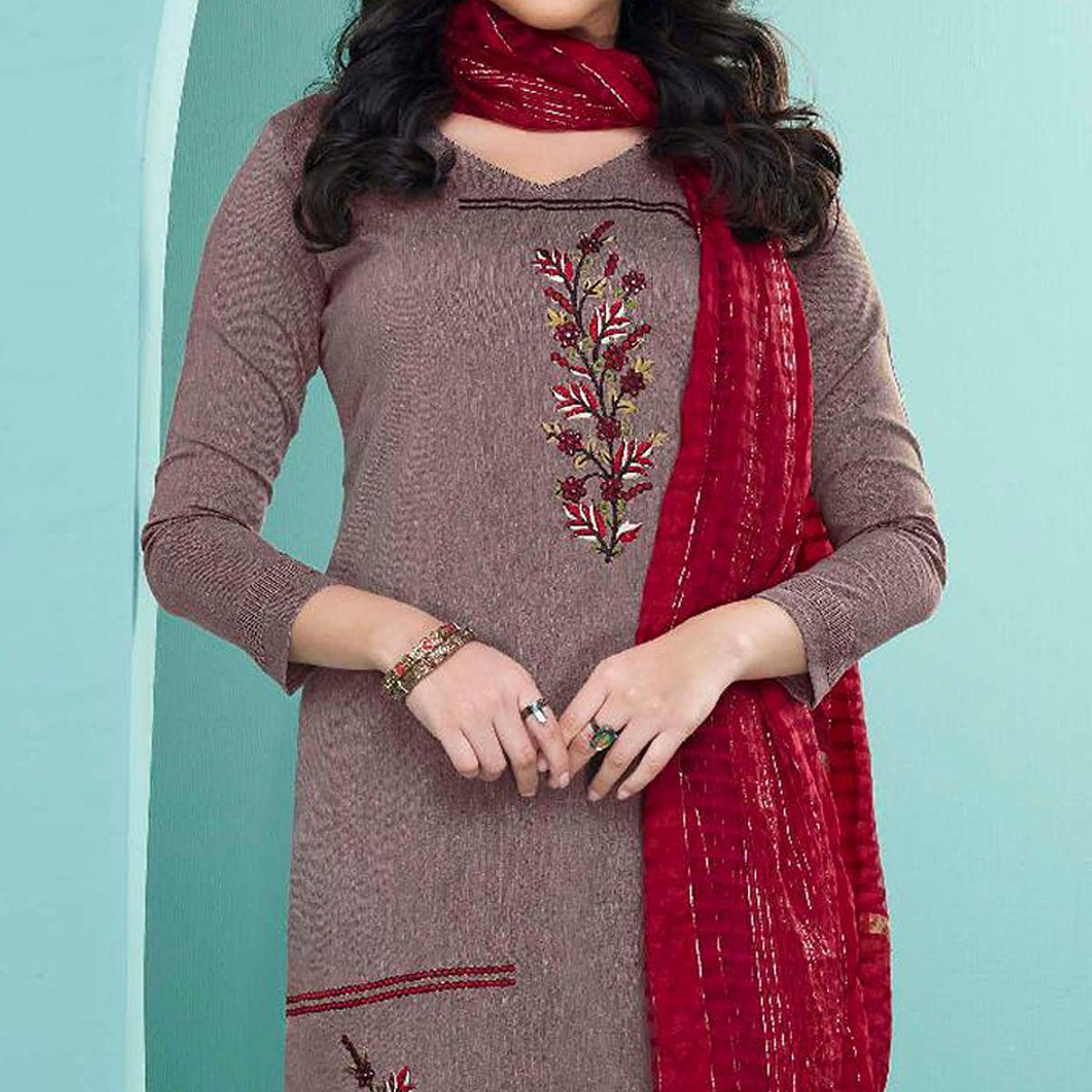 Mauve Embroidered Cotton Kurti Pant Set With Dupatta