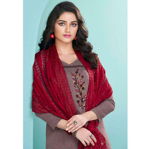 Mauve Embroidered Cotton Kurti Pant Set With Dupatta