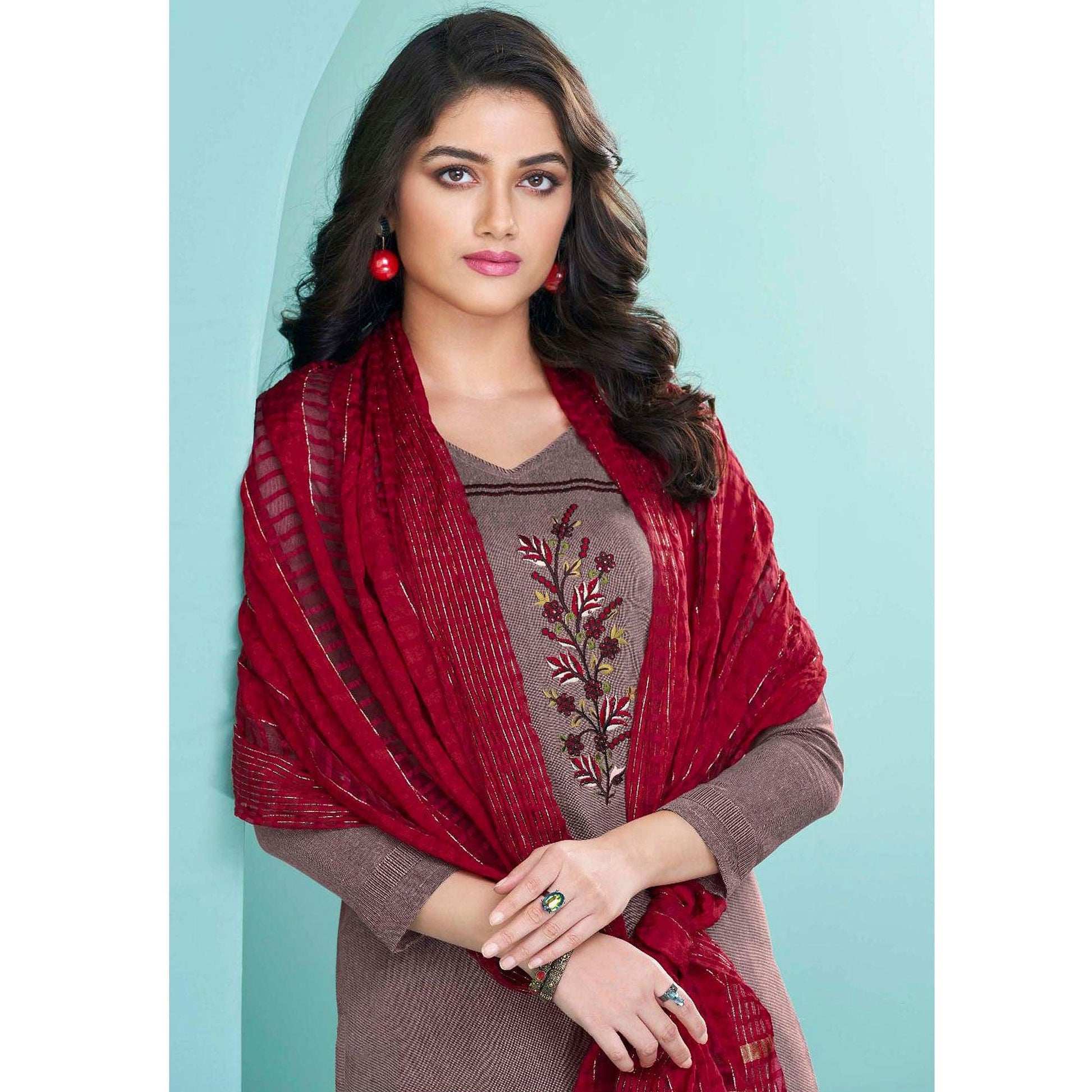 Mauve Embroidered Cotton Kurti Pant Set With Dupatta
