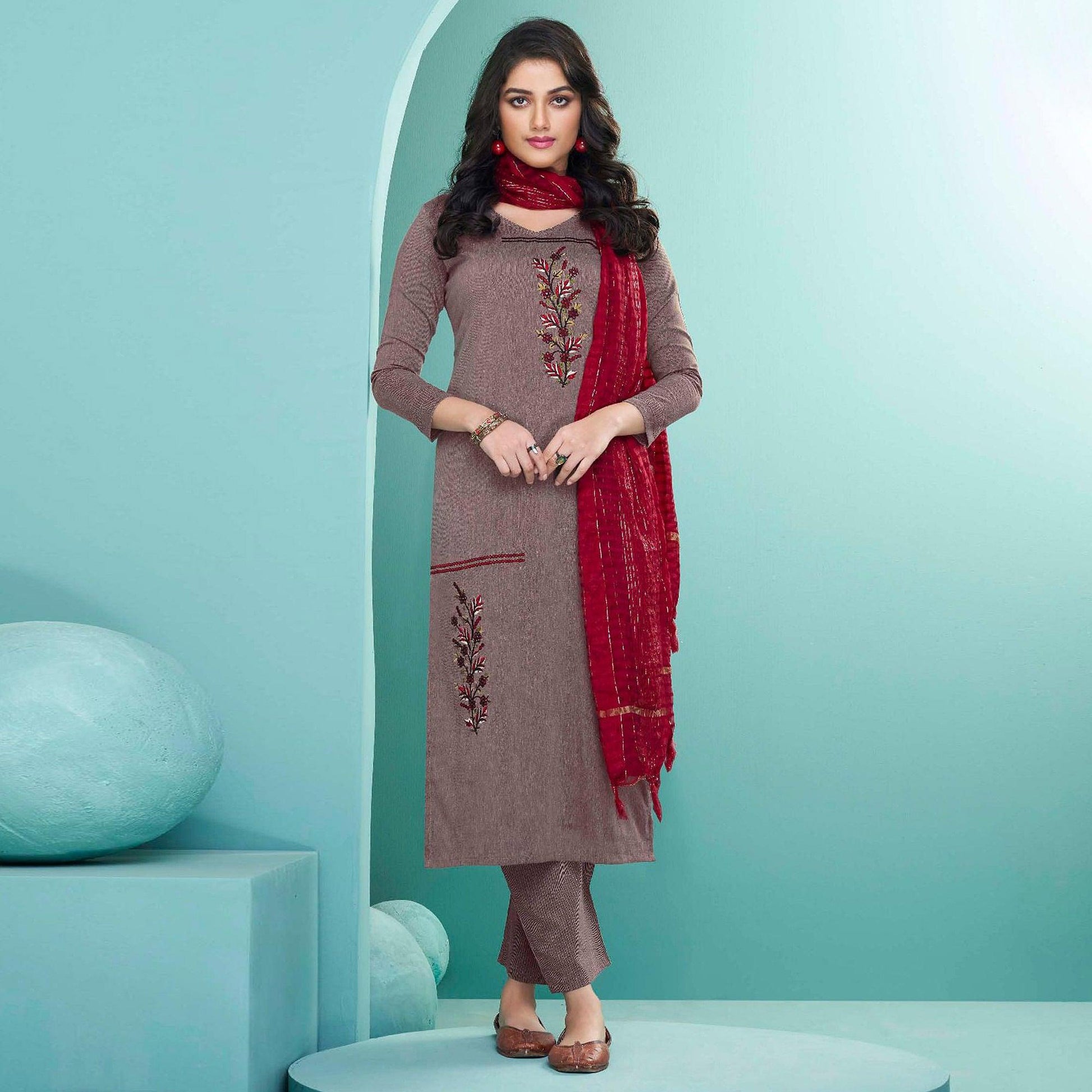 Mauve Embroidered Cotton Kurti Pant Set With Dupatta