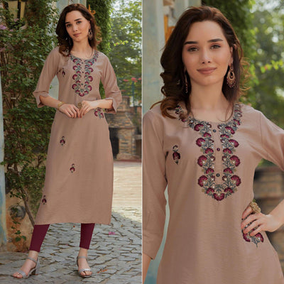 Mauve Embroidered Cotton Silk Kurti